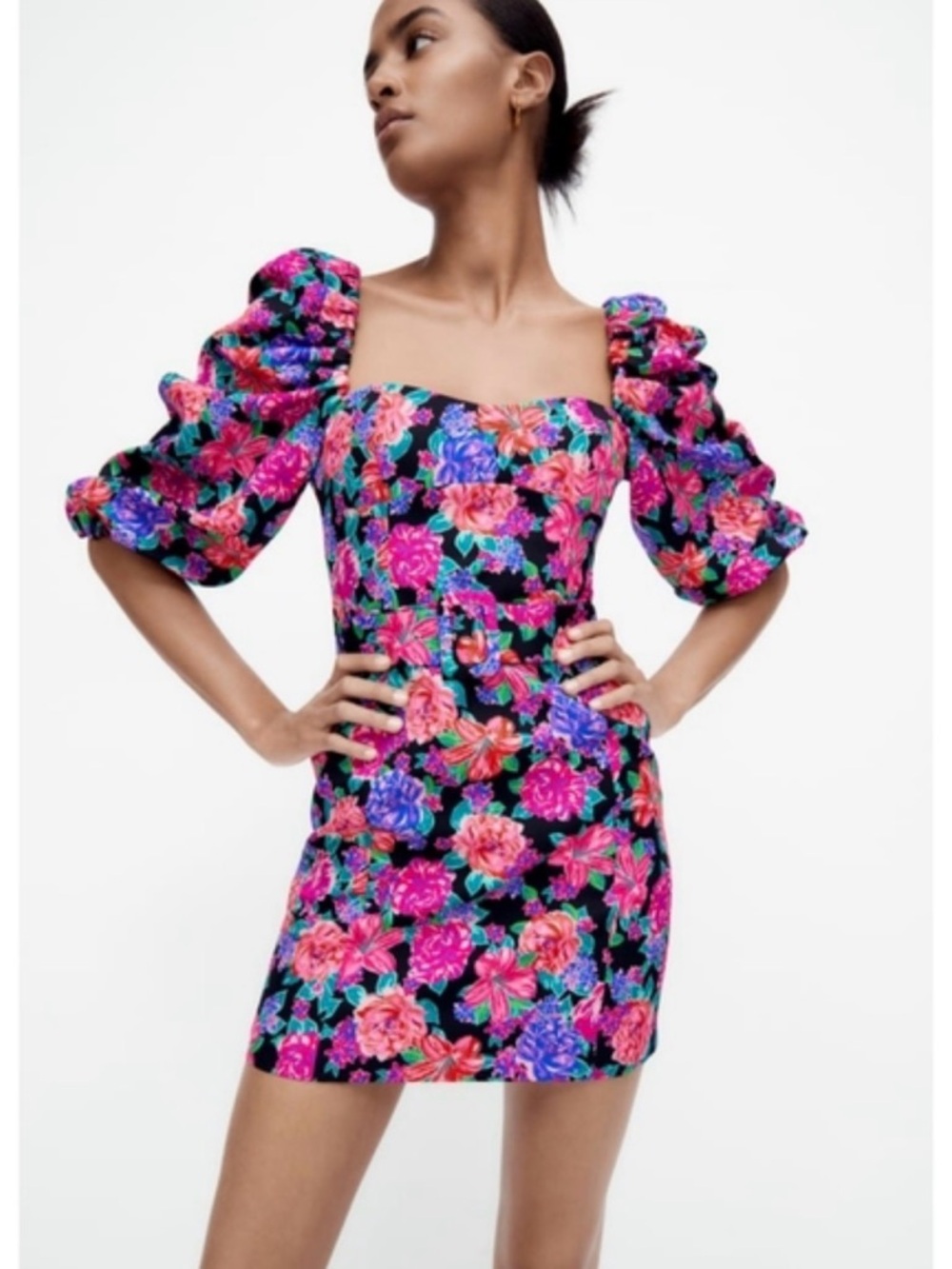 Zara Black Floral Puff-Sleeve Square-Neck Dress in Pink and Purple